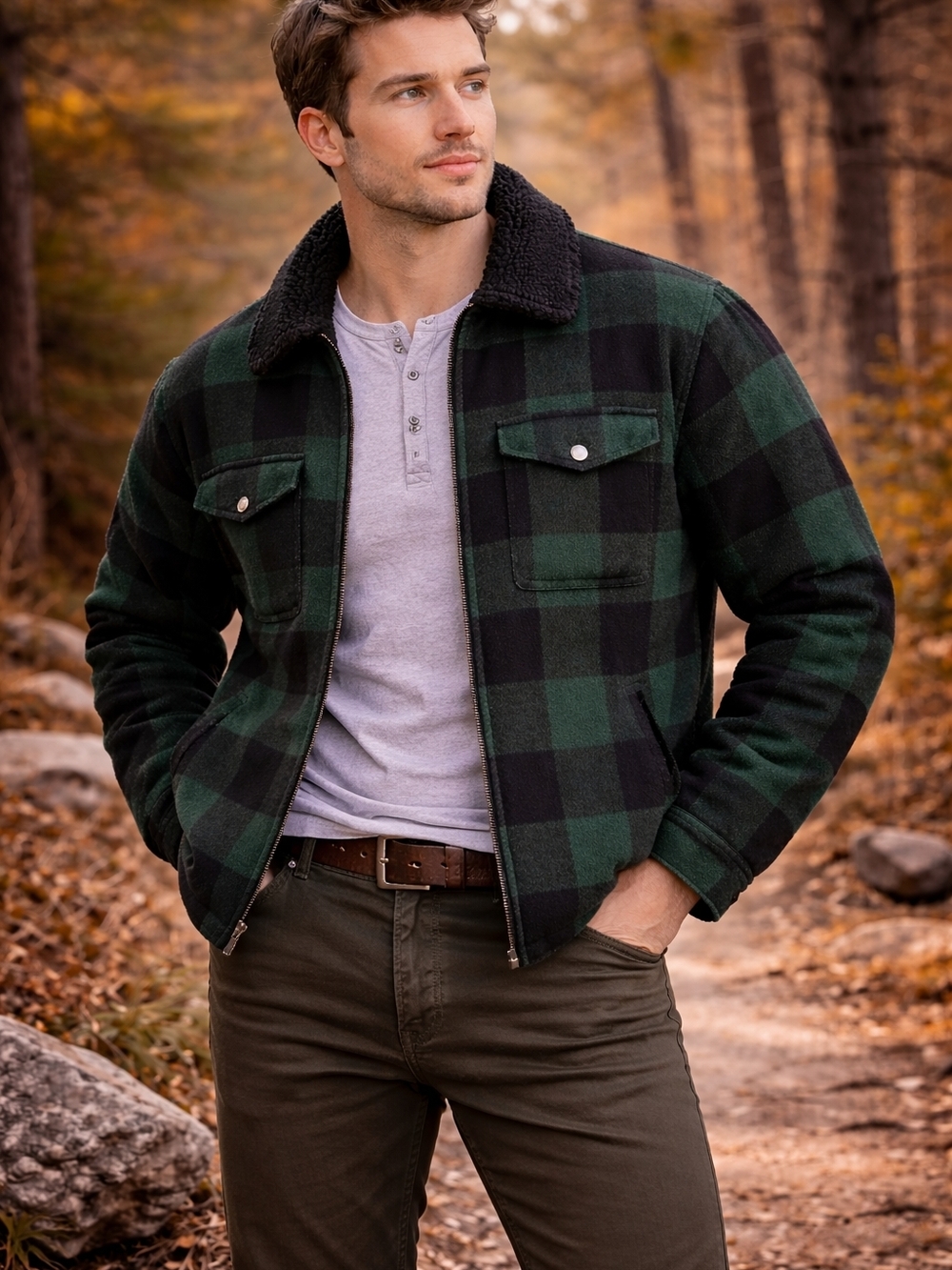 Refuge Green & Black Buffalo Plaid Sherpa Collar Jacket Lrg